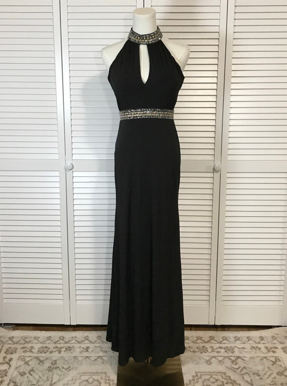 Crystal Doll Y2K Goth Black Rhinestone Halter Keyhole Long Formal Dress Junior 5